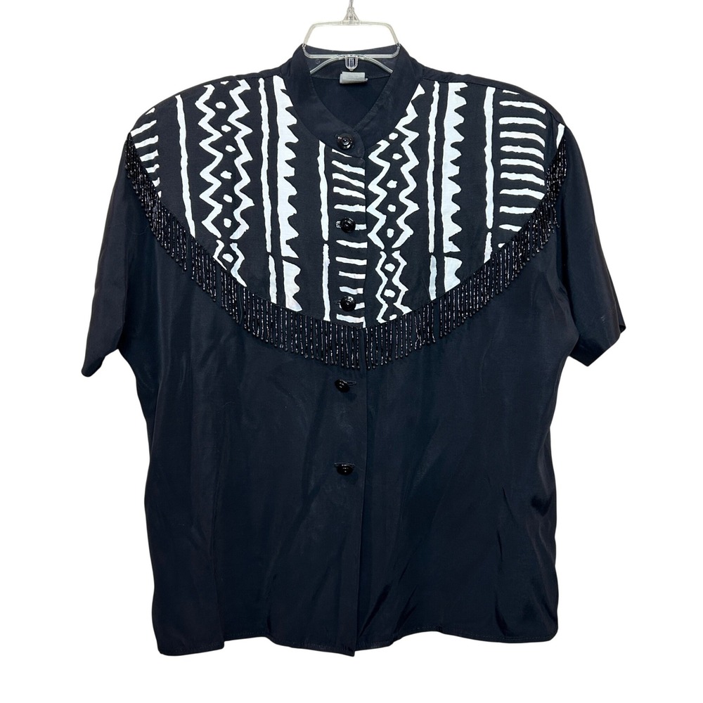 Ali Miles Button Top Womens 14 Black White Tribal Beaded Fringe Vintage USA 80s